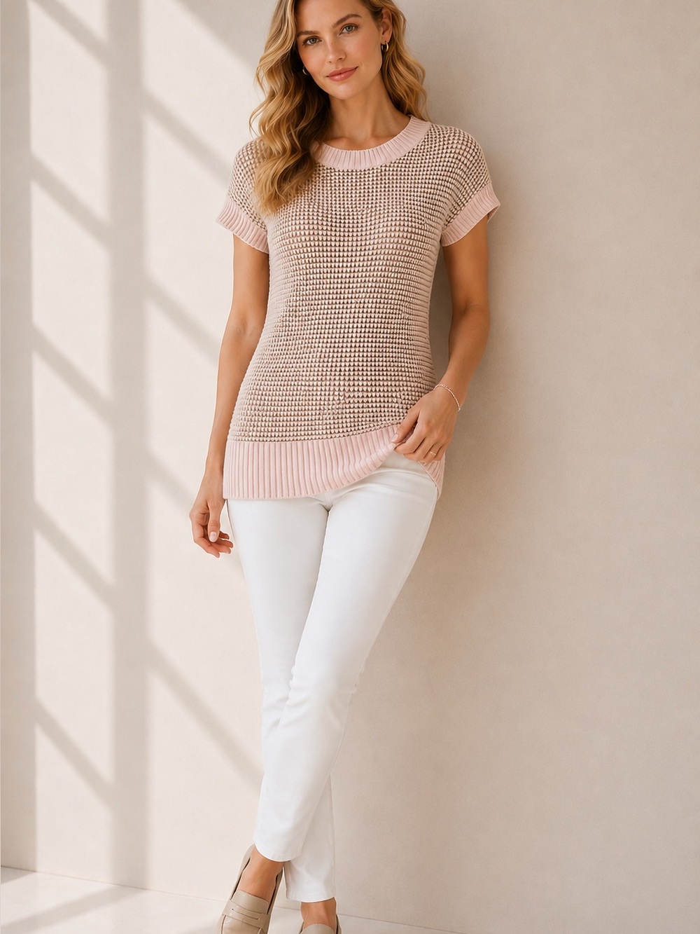 Ann Taylor Metallic Knit Sweater Top Blush Pink Gold Shimmer Size Small